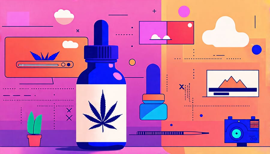 CBD oil bottle with TV show themes in the background