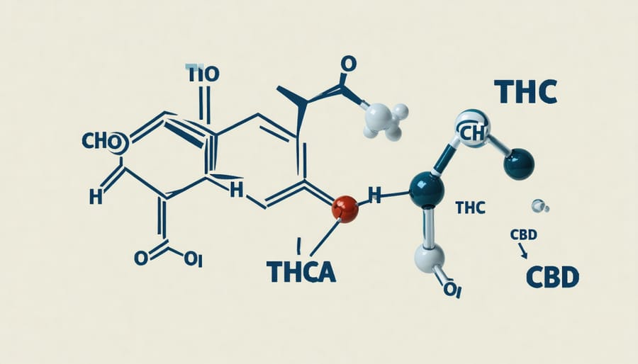 Illustration comparing the chemical structures of THCA, THC, and CBD molecules